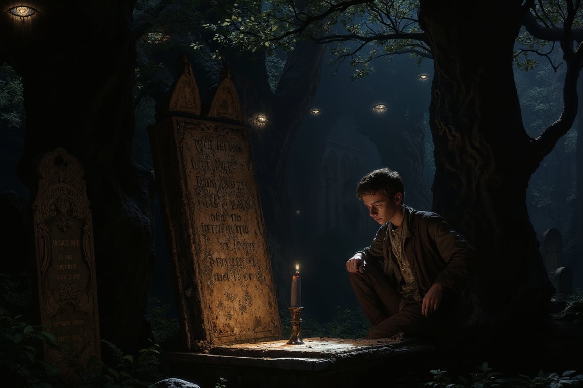 In an eerie, old gothic-style cemetery, a young man sits around a worn spirit board used for communicating with the dead, its letters illuminated by the flickering light of a single black candle. The towering stone angels and twisted, ancient trees loom ominously over him, casting long shadows in the dim evening light.  Peering out of the dark around him are ominous disembodied eyes and spectral shapes.,aidmafluxpro1.1,photorealistic