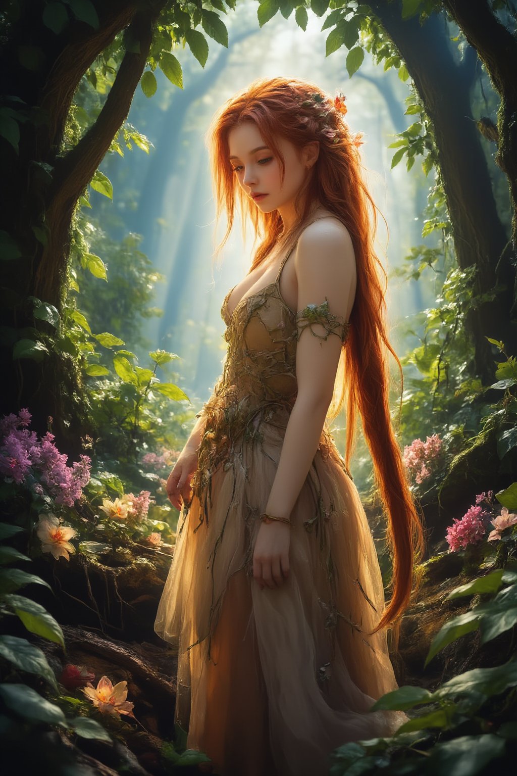 OIL PAINTING,IMPRESSIONISM,medium full view,amidst the ancient woodland,the image captures the ethereal beauty of a young dryad. her long,braided red hair cascades like flames,entwining with (vines and flowers that form her ornate dress:1.2),the air is filled with colorful petals,and dappled sunlight paints a mesmerizing tapestry on the forest floor,dense foliage,gnarled roots and branches,beams of sunlight,ethereal,mysterious,wondrous,chiaroscuro,