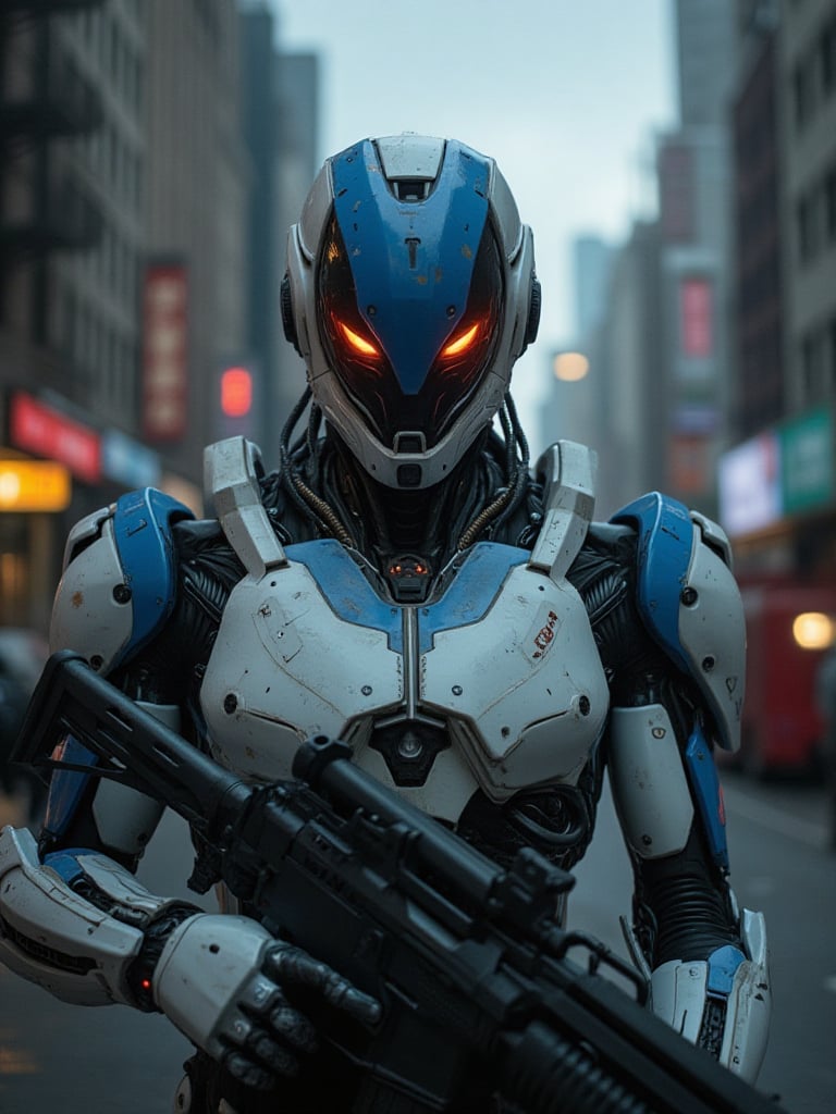 Close-up shot of a mecha cyborg standing amidst a cityscape, bathed in the warm glow of a spotlight. The subject's eyes gleam bright red as he holds a gun at the ready. His torso appears to be a blend of white and blue metallic components, giving off a futuristic sheen. The camera zooms in on the mecha's intense gaze, spotlighting his cybernetic features.