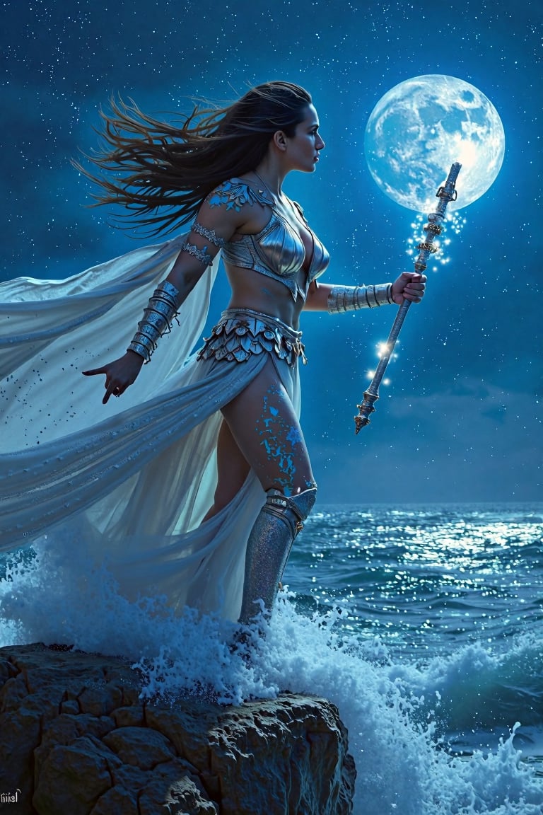 "Depict Rasmika as a celestial warrior, standing on a cliff overlooking a vast, starry ocean. She wears shimmering armor adorned with constellations, and her hair flows like the night sky, dotted with tiny stars. In her hands, she wields a staff that glows with ethereal energy, symbolizing her connection to the cosmos. The waves below crash against the rocks, reflecting the moonlight as a gentle breeze tousles her hair. Rasmika's gaze is fierce yet compassionate, embodying the balance between strength and grace as she protects the harmony of the universe."