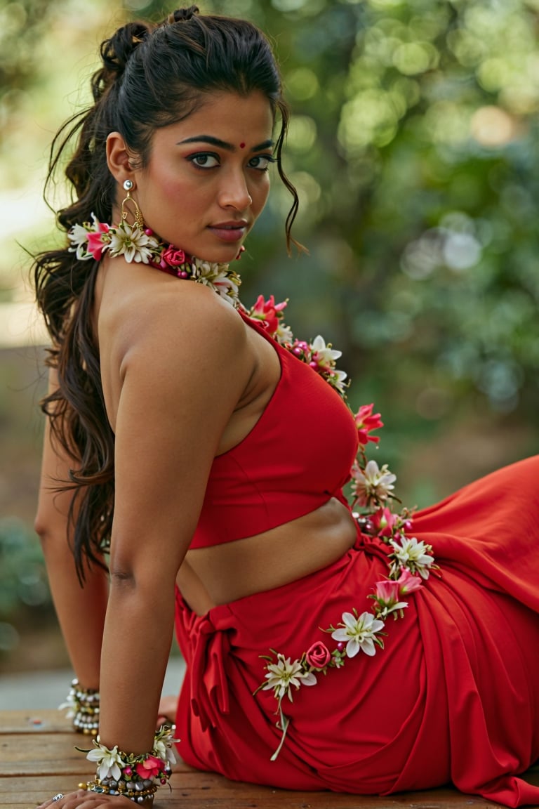  slight close-up  Full  body captured  photograph  of hot actress  [  rashmikamandanna ]  ( hot  woman , pale white complexion , tall  actress, wide palvis, toned extremely sexualized figure, erotically empathize  (( , wide fleshy palvis , fleshy  wide tall figure ))  toned   extremely hot figure   )  dressed in a red dress, adorned with silver bracelets and a white lei adorned with flowers. Her hair is pulled back in a ponytail, cascading over her left shoulder. She is reclining on a wooden table, her left hand resting on her hip. The backdrop is blurred, suggesting a natural setting. The woman's eyes are a piercing blue, adding a pop of color to the scene. [ focus on insanely detailed skin texture, photorealistic  ]