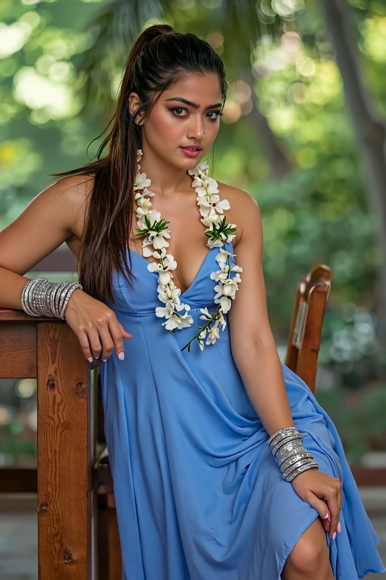  slight close-up  Full  body captured  photograph  of hot actress  [  kritisanon ]  ( hot  woman , pale white complexion , tall  actress, wide palvis, toned extremely sexualized figure, erotically empathize  (( , wide fleshy palvis , fleshy  wide tall figure ))  toned   extremely hot figure   )  dressed in a blue dress, adorned with silver bracelets and a white lei adorned with flowers. Her hair is pulled back in a ponytail, cascading over her left shoulder. She is reclining on a wooden table, her left hand resting on her hip. The backdrop is blurred, suggesting a natural setting. The woman's eyes are a piercing blue, adding a pop of color to the scene. [ focus on insanely detailed skin texture, photorealistic  ]