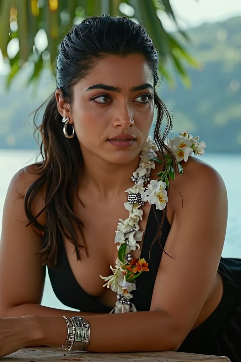  slight close-up  Full  body captured  photograph  of hot actress  [  rashmikamandanna ]  ( hot  woman , pale white complexion , tall  actress, wide palvis, toned extremely sexualized figure, erotically empathize  (( , wide fleshy palvis , fleshy  wide tall figure ))  toned   extremely hot figure   )  dressed in a black dress, adorned with silver bracelets and a white lei adorned with flowers. Her hair is pulled back in a ponytail, cascading over her left shoulder. She is reclining on a wooden table, her left hand resting on her hip. The backdrop is blurred, suggesting a natural setting. The woman's eyes are a piercing blue, adding a pop of color to the scene. [ focus on insanely detailed skin texture, photorealistic  ]