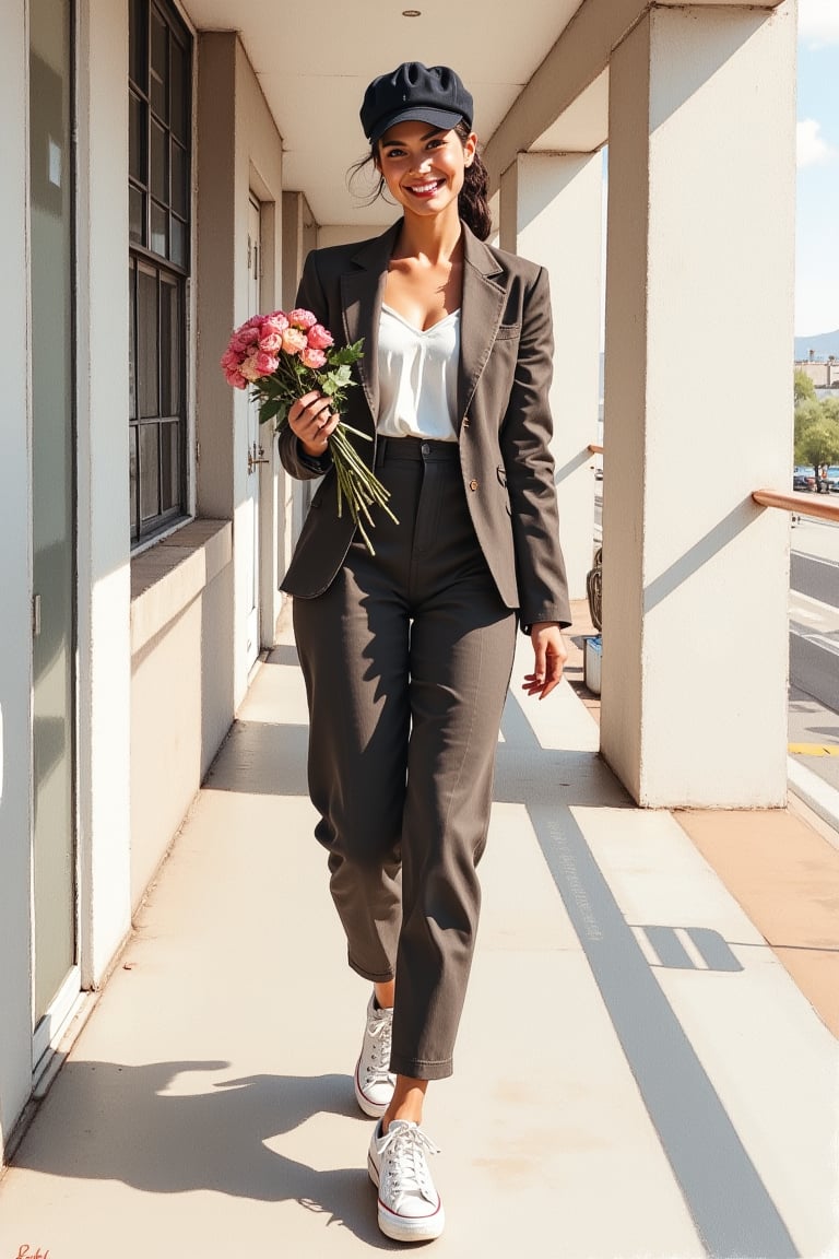 Grudge, Oil on canvas, Modern art, Minimalist watercolor painterly , full length image, a pretty lady wearing casual suit, sneakers, dress, ponytail hair hat, and neat hair, walking  corridor side of building, gesture face happy, sweet smile, she  grab the bouquet of rose, gaze eyes on camera 