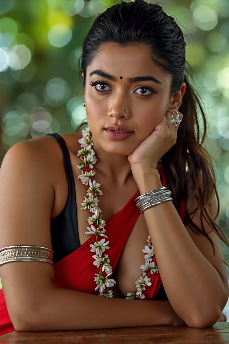  slight close-up  Full  body captured  photograph  of hot actress  [  rashmikamandanna ]  ( hot  woman , pale white complexion , tall  actress, wide palvis, toned extremely sexualized figure, erotically empathize  (( , wide fleshy palvis , fleshy  wide tall figure ))  toned   extremely hot figure   )  dressed in a black and red dress, adorned with silver bracelets and a white lei adorned with flowers. Her hair is pulled back in a ponytail, cascading over her left shoulder. She is reclining on a wooden table, her left hand resting on her hip. The backdrop is blurred, suggesting a natural setting. The woman's eyes are a piercing blue, adding a pop of color to the scene. [ focus on insanely detailed skin texture, photorealistic  ]