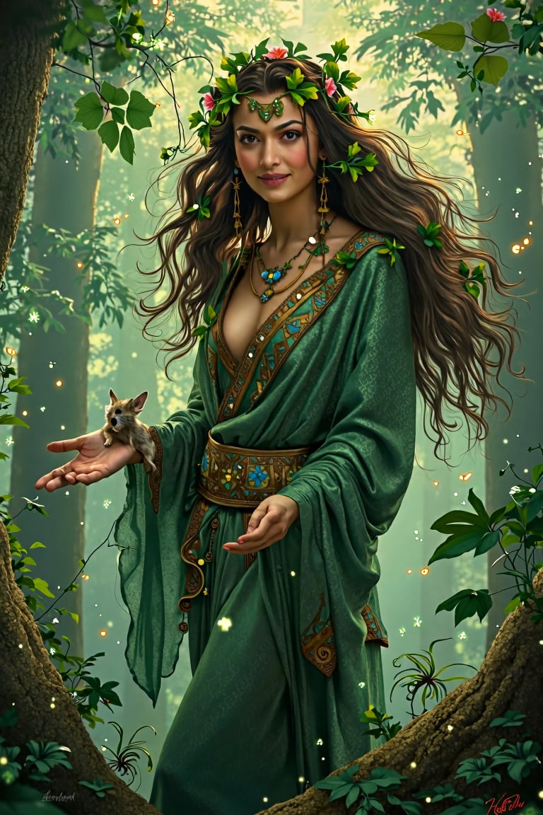 Illustrate Rasmika as a mystical forest guardian, embodying the essence of nature. She has flowing hair made of vines and flowers, and her garments seamlessly blend with the rich colors of the forest. Surround her with ethereal creatures like glowing fireflies and playful woodland animals. The background features towering trees with dappled sunlight filtering through the leaves, creating a serene yet magical atmosphere. Rasmika's expression should radiate kindness and wisdom, inviting viewers into her enchanted world."