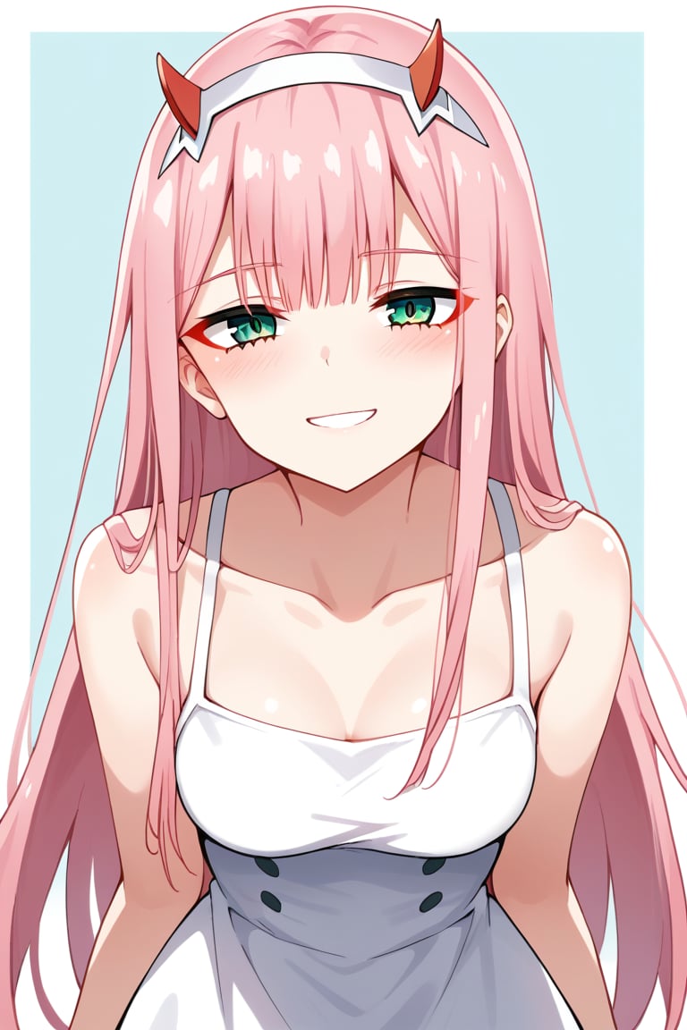 1girl, zero two (darling in the franxx), solo, long hair, pink hair, red horns, bangs, green eyes, detailed eyes, blushing, flushed, simple background, expressive eyes, perfect anatomy, petite girl, score_9, score_8_up, score_7_up, white sundress, pleasure_expression, alluring face, clear colors, vibrant saturation, dim lighting, shadow, hard light, dynamic pose, smile, face, face focus, happy_face, standing