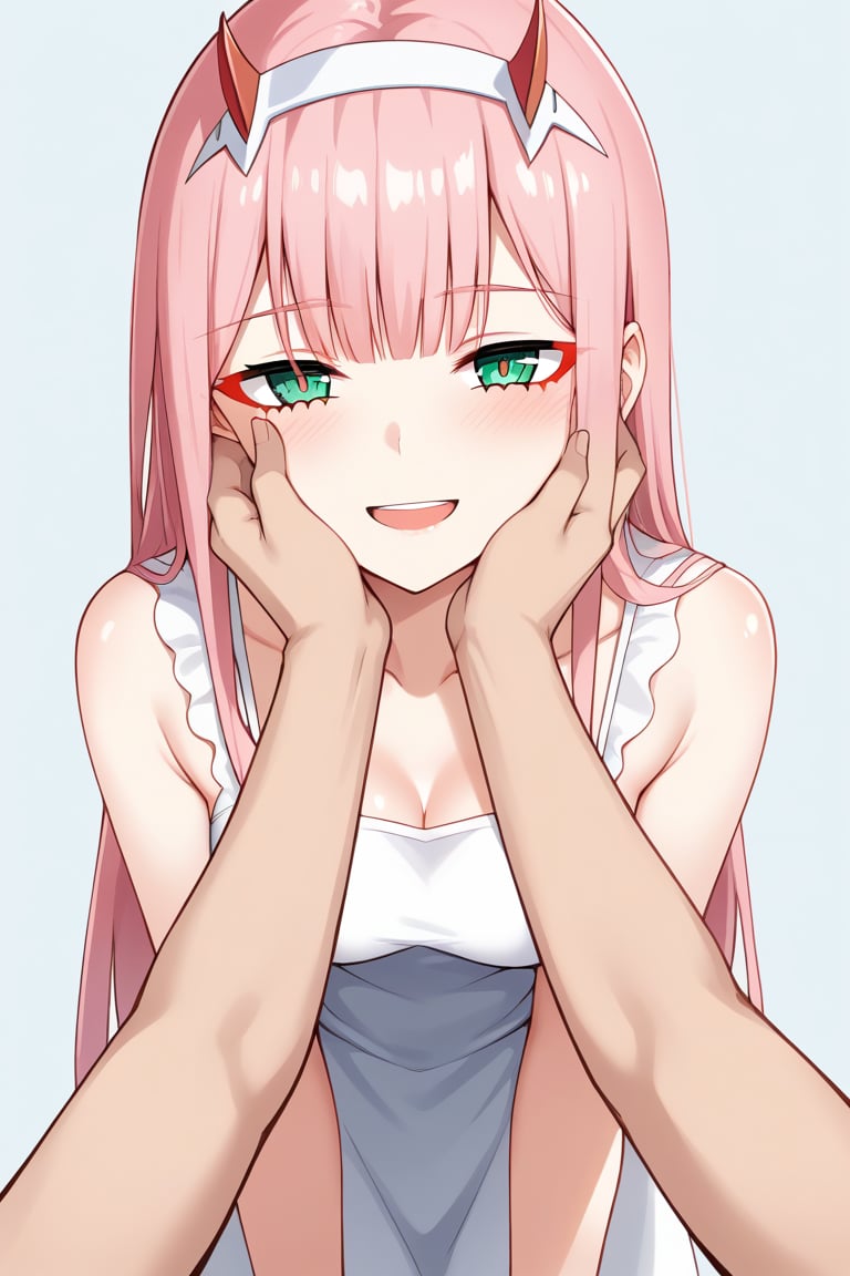 1girl, zero two (darling in the franxx), solo, long hair, pink hair, red horns, bangs, green eyes, detailed eyes, red pupil, blush, sundress, flush, simple background, precise image, expressive eyes, perfect anatomy, petite girl, score_9, score_8_up, score_7_up, smile, face focus, open_mouth, hand_on_another's_face, hand_on_another's_cheek, male_pov, pov, 