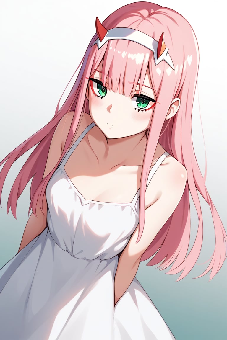 1girl, zero two (darling in the franxx), solo, long hair, pink hair, red horns, bangs, green eyes, detailed eyes, red pupil, sundress, blush, flush, gradient background, vibrant color saturation, precise image, expressive eyes, perfect anatomy, score_9, score_8_up, score_7_up