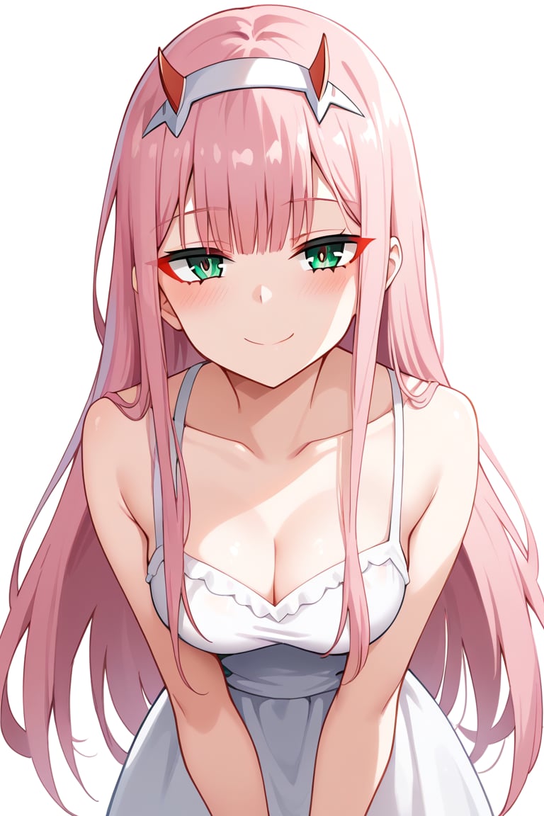 1girl, zero two (darling in the franxx), solo, long hair, pink hair, red horns, bangs, green eyes, detailed eyes, blushing, flushed, simple background, expressive eyes, perfect anatomy, petite girl, score_9, score_8_up, score_7_up, white sundress, pleasure_expression, alluring face, clear colors, vibrant saturation, dim lighting, shadow, hard light, dynamic pose, inviting, smile, face, face focus, happy_face, standing