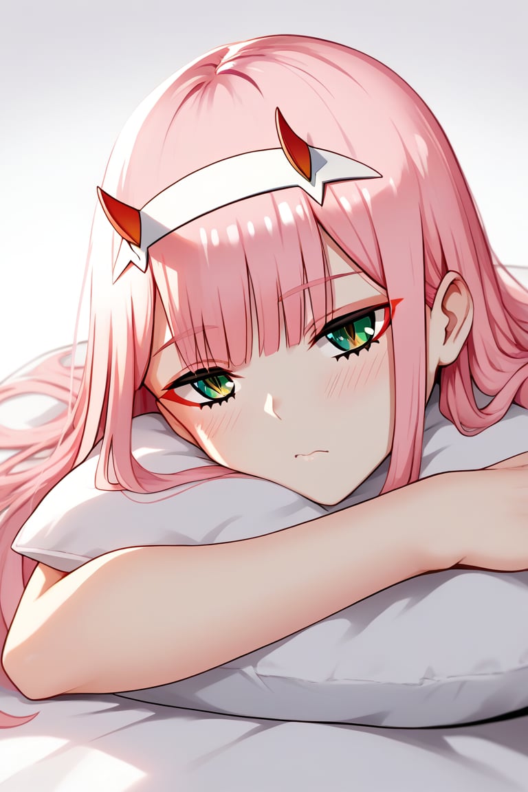 1girl, zero two (darling in the franxx), solo, long hair, pink hair, red horns, bangs, green eyes, detailed eyes, red pupil, close eyes, sundress, blush, flush, gradient background, vibrant color saturation, precise image, expressive eyes, perfect anatomy, score_9, score_8_up, score_7_up, pleasured expression,head rest arm rest, pillow