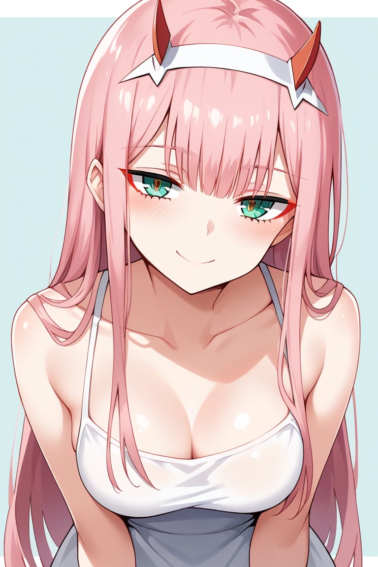 1girl, zero two (darling in the franxx), solo, long hair, pink hair, red horns, bangs, green eyes, detailed eyes, red pupil, blush, sundress, flush, simple background, precise image, expressive eyes, perfect anatomy, petite girl, score_9, score_8_up, score_7_up, face focus, close up, mouth_open, smile