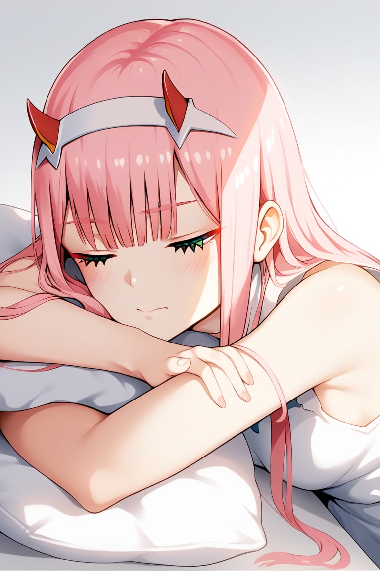 1girl, zero two (darling in the franxx), solo, long hair, pink hair, red horns, bangs, green eyes, detailed eyes, red pupil, closed eyes, sundress, blush, flush, gradient background, vibrant color saturation, precise image, expressive eyes, perfect anatomy, score_9, score_8_up, score_7_up, pleasured expression,head rest arm rest, pillow