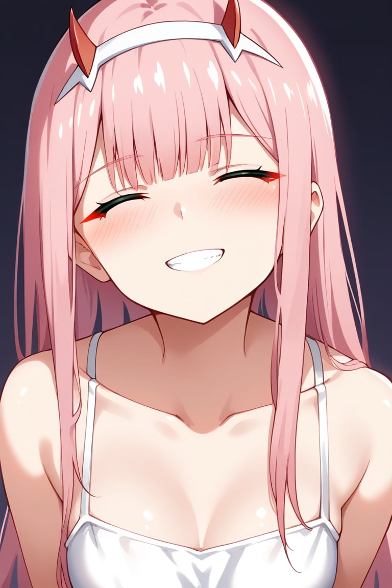 1girl, zero two (darling in the franxx), solo, long hair, pink hair, red horns, bangs, blushing, flushed, simple background, perfect anatomy, petite girl, score_9, score_8_up, score_7_up, white sundress, pleasure_expression, alluring face, clear colors, vibrant saturation, dim lighting, shadow, hard light, dynamic pose, face, face focus, closed_eyes, close up, facing_viewer, smile, head tilt, looking up