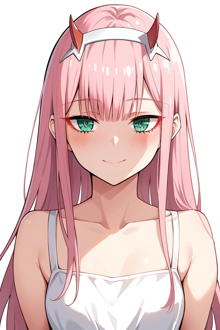 1girl, zero two (darling in the franxx), solo, long hair, pink hair, red horns, bangs, green eyes, red pupils, detailed eyes, sundress, blush, flush, simple background, precise image, perfect anatomy, score_9, score_8_up, score_7_up, portrait, face focused, close up, happy face