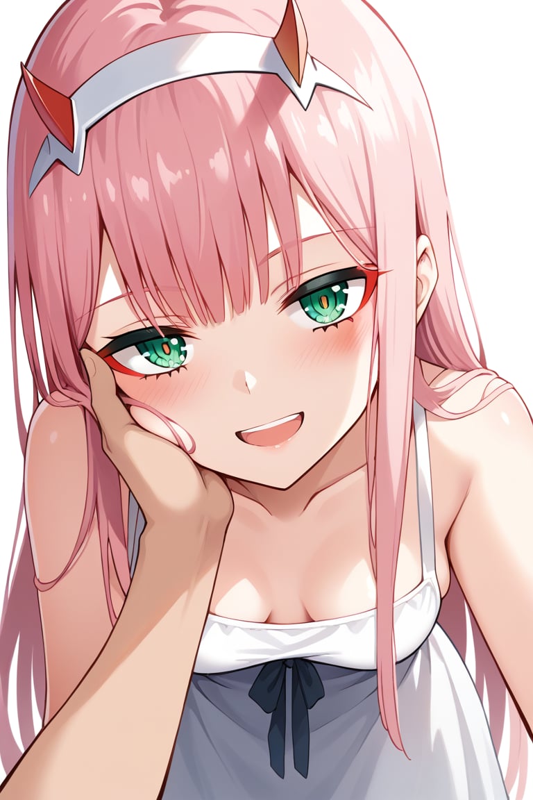 1girl, zero two (darling in the franxx), solo, long hair, pink hair, red horns, bangs, green eyes, detailed eyes, red pupil, blush, sundress, flush, simple background, precise image, expressive eyes, perfect anatomy, petite girl, score_9, score_8_up, score_7_up, smile, face focus, open_mouth, hand_on_another's_face, hand_on_another's_cheek, male_pov, pov, 