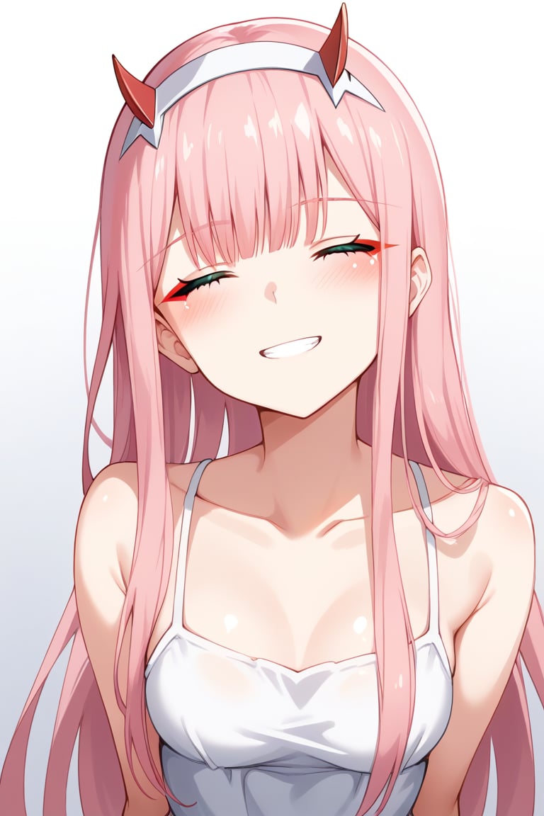 1girl, zero two (darling in the franxx), solo, long hair, pink hair, red horns, bangs, blushing, flushed, simple background, perfect anatomy, petite girl, score_9, score_8_up, score_7_up, white sundress, pleasure_expression, alluring face, clear colors, vibrant saturation, dim lighting, shadow, hard light, dynamic pose, face, face focus, closed_eyes, close up, facing_viewer, smile, head tilt, looking up