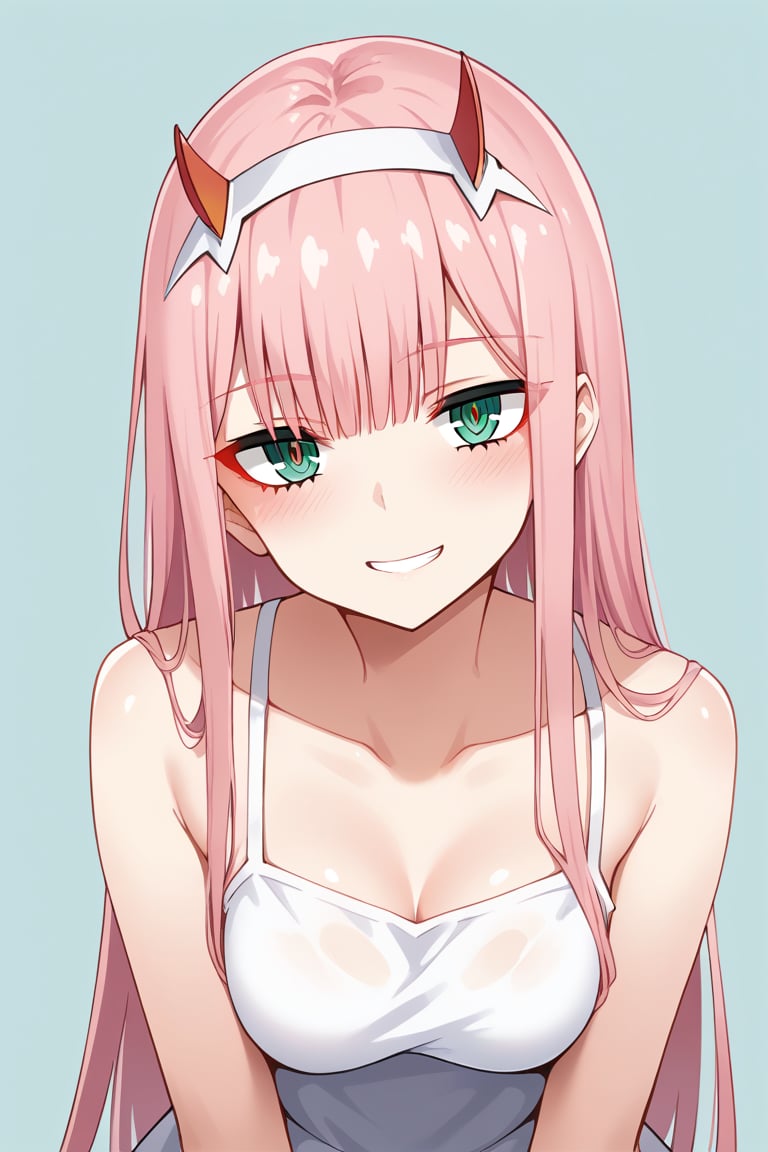 1girl, zero two (darling in the franxx), solo, long hair, pink hair, red horns, bangs, green eyes, detailed eyes, red pupil, blush, sundress, flush, simple background, precise image, expressive eyes, perfect anatomy, petite girl, score_9, score_8_up, score_7_up, face focus, close up, mouth_open, smile