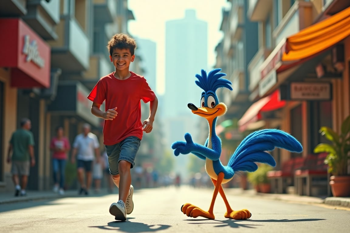 a hyper-realistic image of a young man running with animated character of road runner and drawing drawing chracter of coyote in the kuala lumpur streets
