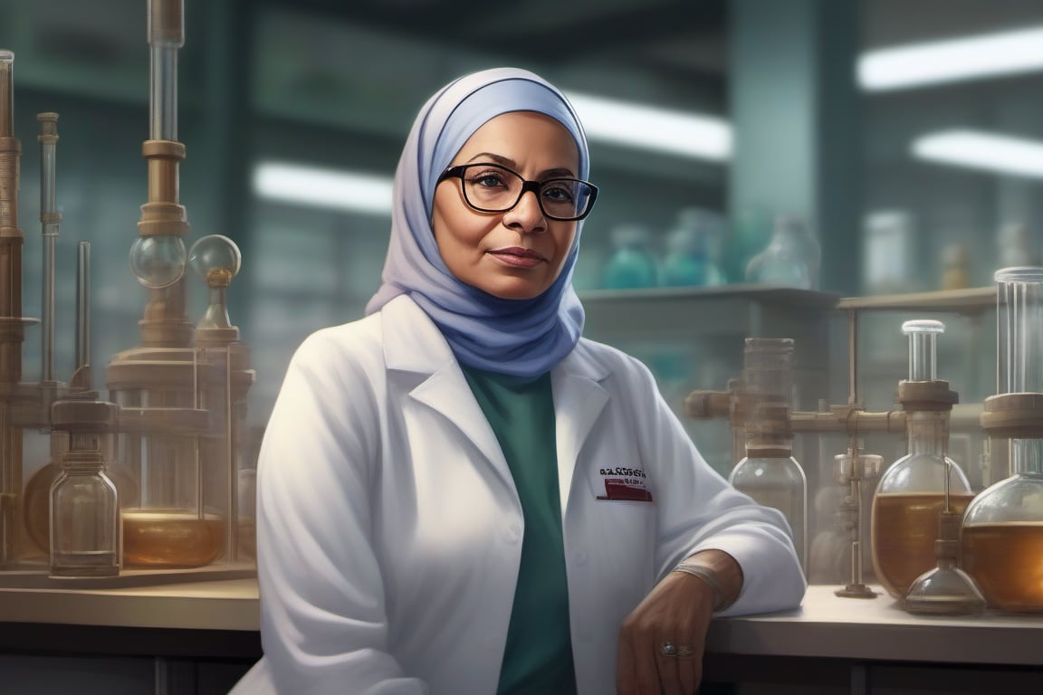 image of a fit and smart woman in her sixties, wearing hijab and glasses, a lab coat, and a necklace, sitting confidently at her workplace in a chemical laboratory. She has shoulder-length  and a calm yet determined expression. The laboratory is filled with scientific equipment like beakers, test tubes, and microscopes. Shelves of chemicals line the walls. The scene has a sense of depth, giving a three-dimensional feel. The perspective emphasizes the woman and her surroundings, creating a realistic, detailed atmosphere with well-lit textures and depth.