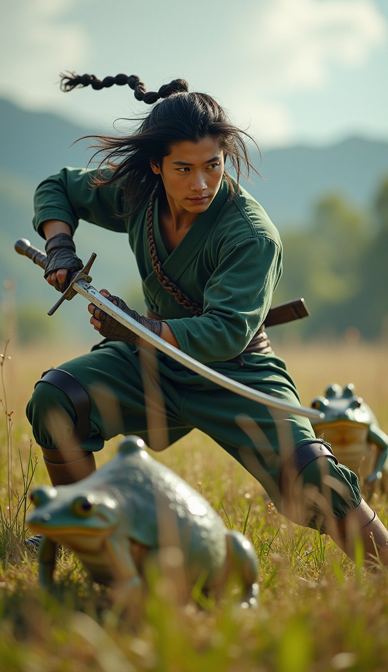 realistic styling. Jirayia, legendary Sanin ninja. fighting pose in the open field with big frogs behind