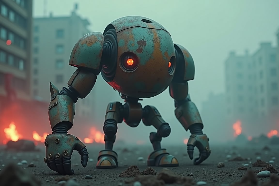 A cinematic shot of a bizarrely-shaped robot with a rusty, grunge appearance. The robot is standing in a gloomy environment with a deep fog. The background contains a devastated world, with red flames and a chaotic cityscape. The lighting is photometric, with bold shadows and strong highlights. The overall image has a photorealistic style and is in 32K UHD resolution.