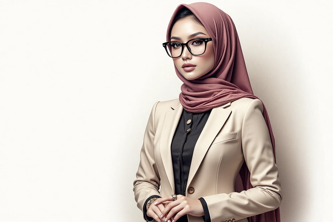 Draw perfect detail fashion sketches. Malaysian malay muslimah wear hijab women and shawl put on modern elegant Office suit. .
