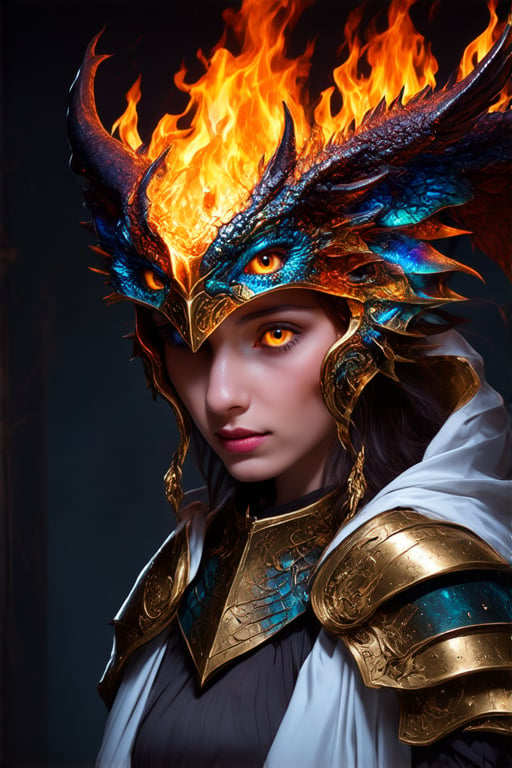 (Masterpiece, Top quality, (Cool Color Palette:1.2),glowing with, The flame glows, Metal glows,Best quality, offical art, Beauty and Aesthetic: 1.2), (1girls), Extremely detailed eyes, (s fractal art: 1.3), Colorful, Most detailed, (Perfect face), Shiny skin, hdr, (White Cloak Gold thread: 1.2), Star, (light pattern), striking visual effects, (dynamic stripe, luminous track: 1.2), Bright colors, (Phoenix breastplate), (dragon helmet),insanely detailed and intricate, hypermaximalist, elegant, ornate, hyper realistic, super detailed