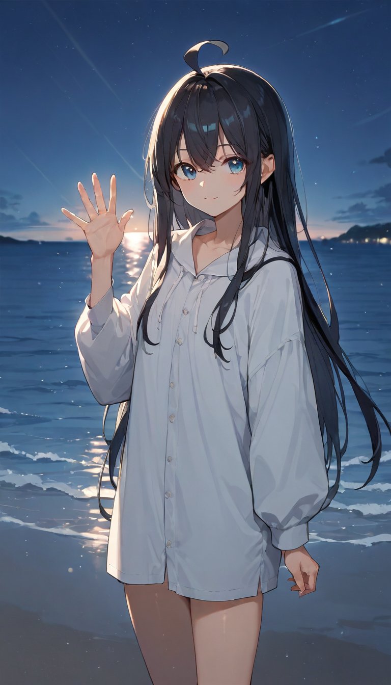 source_anime, nonoa miyamae, black hair, long hair, ahoge, hair intake, long bangs, night,over the sea,  waving, ,score_9, score_8_up, score_7_up, depth of field, natural light, light rays, raytracing, rating: explicit, 
