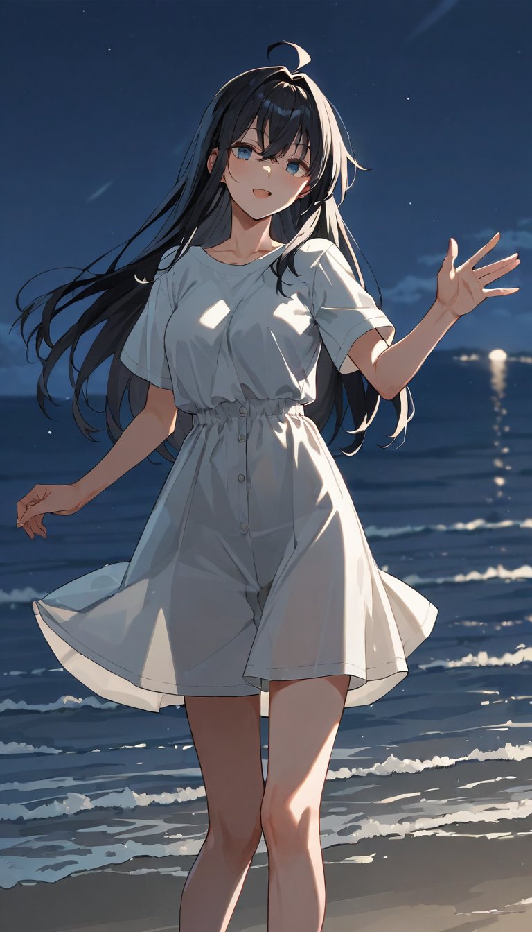 source_anime, nonoa miyamae, black hair, long hair, ahoge, hair intake, long bangs, night,over the sea,  waving, ,score_9, score_8_up, score_7_up, depth of field, natural light, light rays, raytracing, rating: explicit, 
