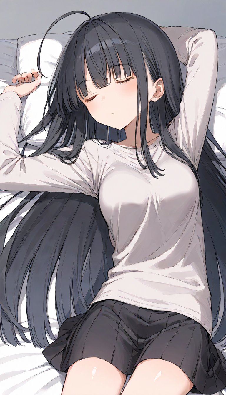 source_anime, nonoa miyamae,  black hair, long hair, ahoge, hair intake,sleeping, long bangs, 