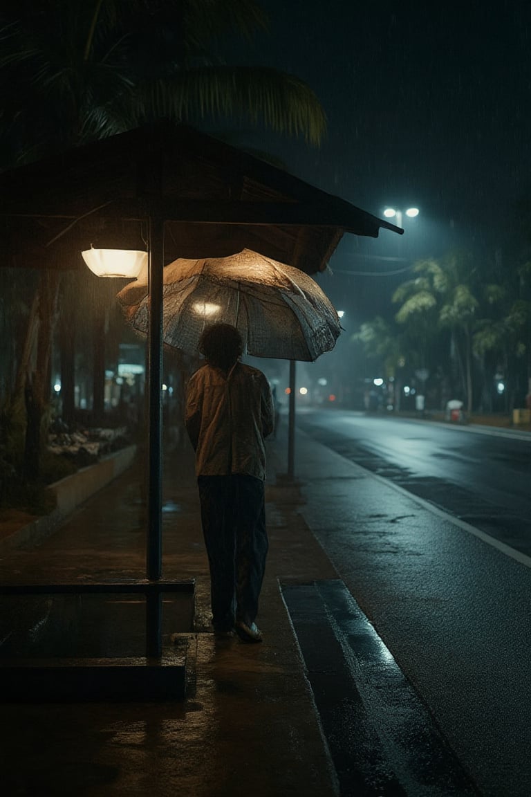 A Malay man stands patiently at a bus stop under the serenity of a rain-soaked night. He's dressed in casual attire, his umbrella held aloft as he gazes out into the misty darkness. The bus stop lights cast a warm glow on his features, illuminated by the soft patter of raindrops hitting the pavement.,softcolor,impian