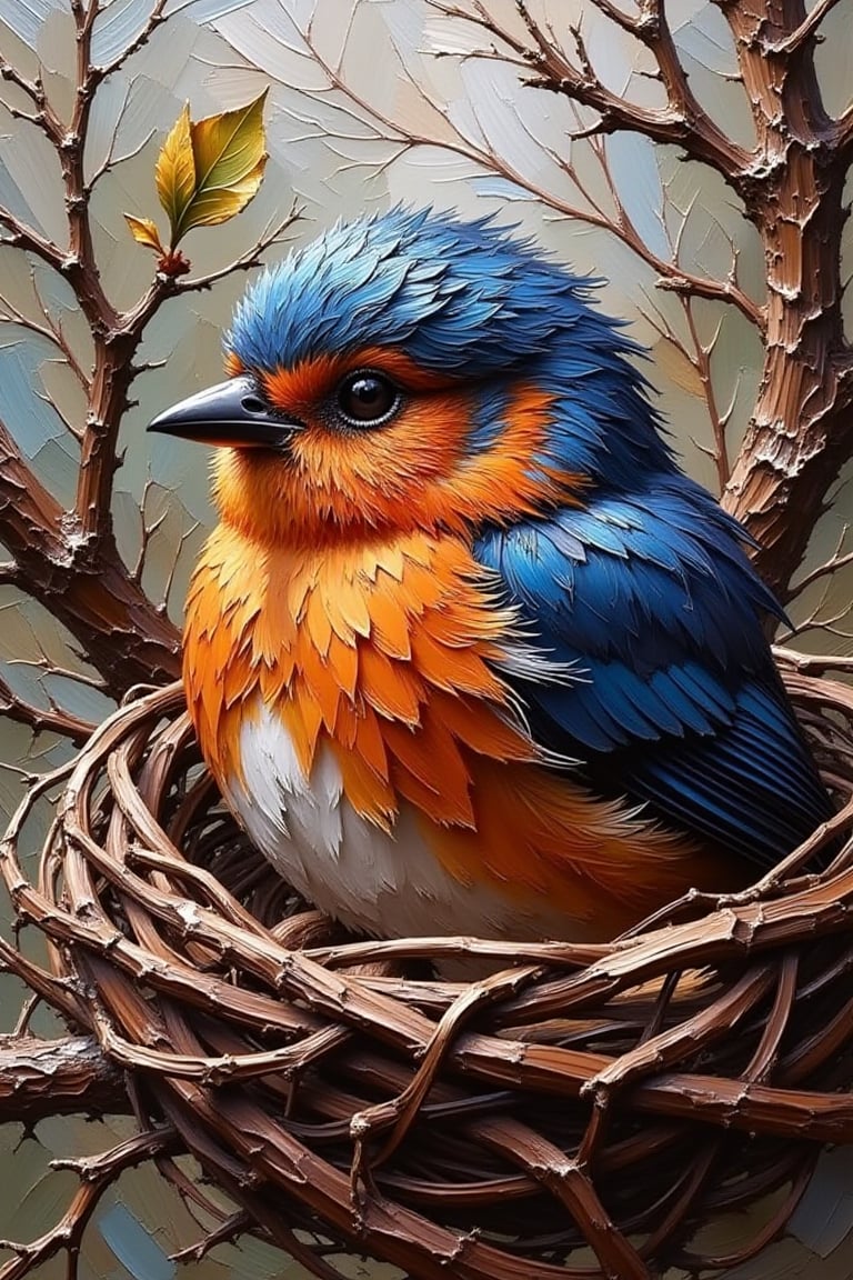 A close-up oil knife palette painting of a bird in its nest, soft layers of feather textures in vibrant colors, with rich, textured strokes highlighting the nest and surrounding branches. The bird appears protective, nestled among twigs and leaves, expressive brushstrokes conveying warmth and life. Bold contrasts between light and shadow, capturing a serene moment in nature.,Palette Knife