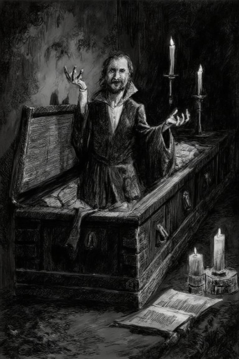 A darkened chamber, lit only by flickering candles, reveals a ornate wooden coffin slowly opening its lid. As the lid creaks upwards, a pale-skinned vampire emerges, their eyes glowing with an otherworldly light. They stretch out long fingers, cracking knuckles as they rise from the coffin, shrouded in darkness.,artlinesketch,project1