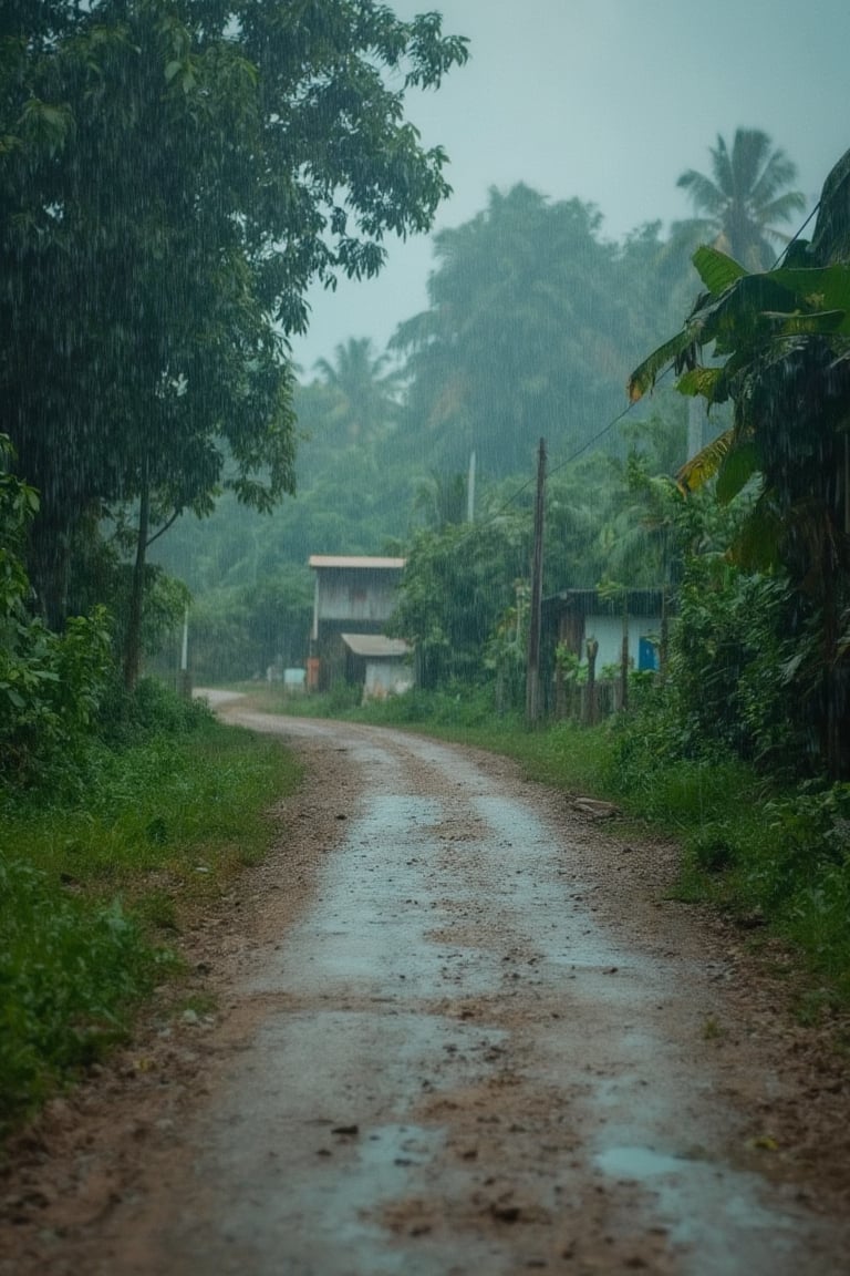 A heavy rain pours down on a small Malay village. A dirt path stretches across the frame, disappearing into the lush greenery of the surrounding nature. The sound of raindrops hitting the earth and leaves creates a soothing melody as the camera captures the vibrant colors of the wet earth.,softcolor,peribadi