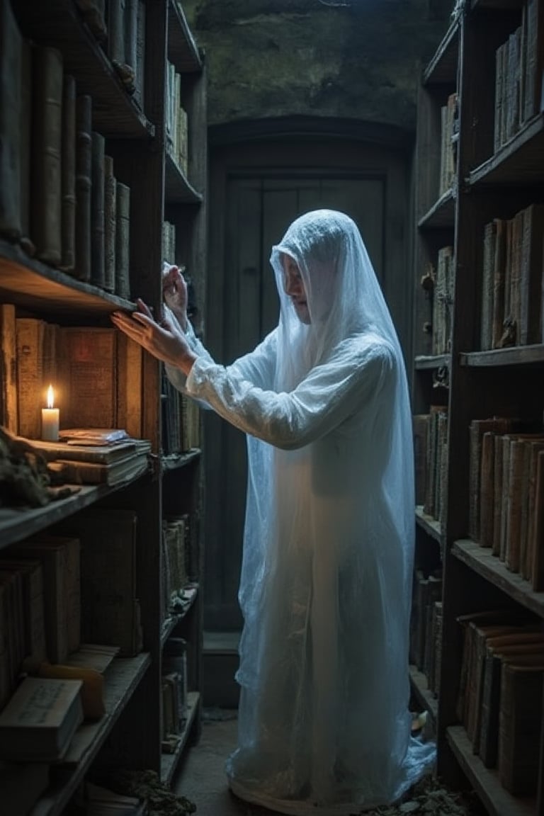 A haunting scene: a ghostly figure stands amidst a dimly lit, abandoned bookshelf, a single flickering candle casting eerie shadows. The ghost's translucent form appears as if it's been conjured from the very pages of an ancient tome, its ethereal fingers grasping for the worn leather cover of Abanson.