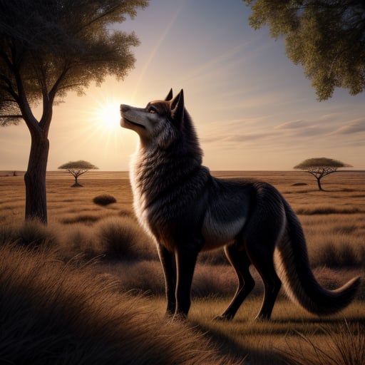 The transparent-bodied wolf reveals a detailed landscape of the African savanna within. The savanna should be photographed in transition from day to night, with one side showing a sunlit scene with acacia trees, vibrant green grass, and a clear blue sky. The other side should transition to an evening scene featuring orange shades of the sunset sky and silhouettes of trees against a glowing horizon and the first stars appearing. The wolf stands on a reflective surface that reflects its form and the surrounding landscape. Its skin should have a glass-like texture that catches and bends light from its surroundings, highlighting the edges and curves of its body. The overall atmosphere is one of surreal tranquility as nature blends seamlessly with this majestic creature.