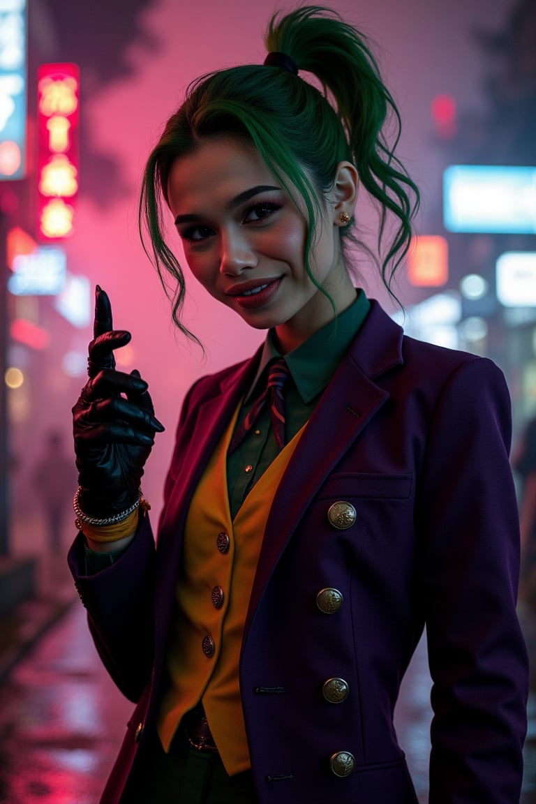 Art of a joker Joker's twisted grin wearing her ((makeup face:1.3)),  ((her suit)), ((black skrit)), blavk glove, ((red smoke)), her ((green ponnytail bun hairstyle:1.5)), sexy pose, dark night, ((neon light city)), cyberpunk realistic city background 