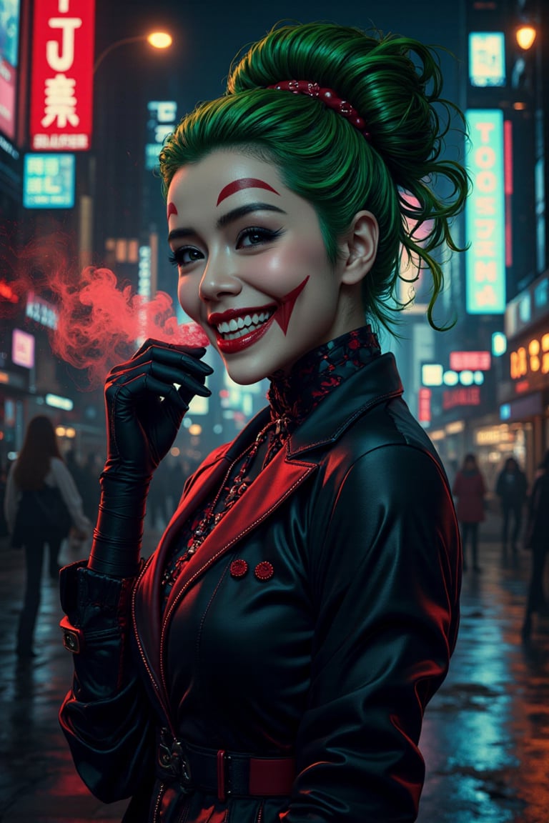 Art of a joker Joker's twisted grin wearing her ((makeup face:1.3)),  ((her suit)), ((black skrit)), black glove, ((red smoke)), her ((green ponnytail bun hairstyle:1.5)), sexy pose, dark night, ((neon light city)), cyberpunk realistic city background 