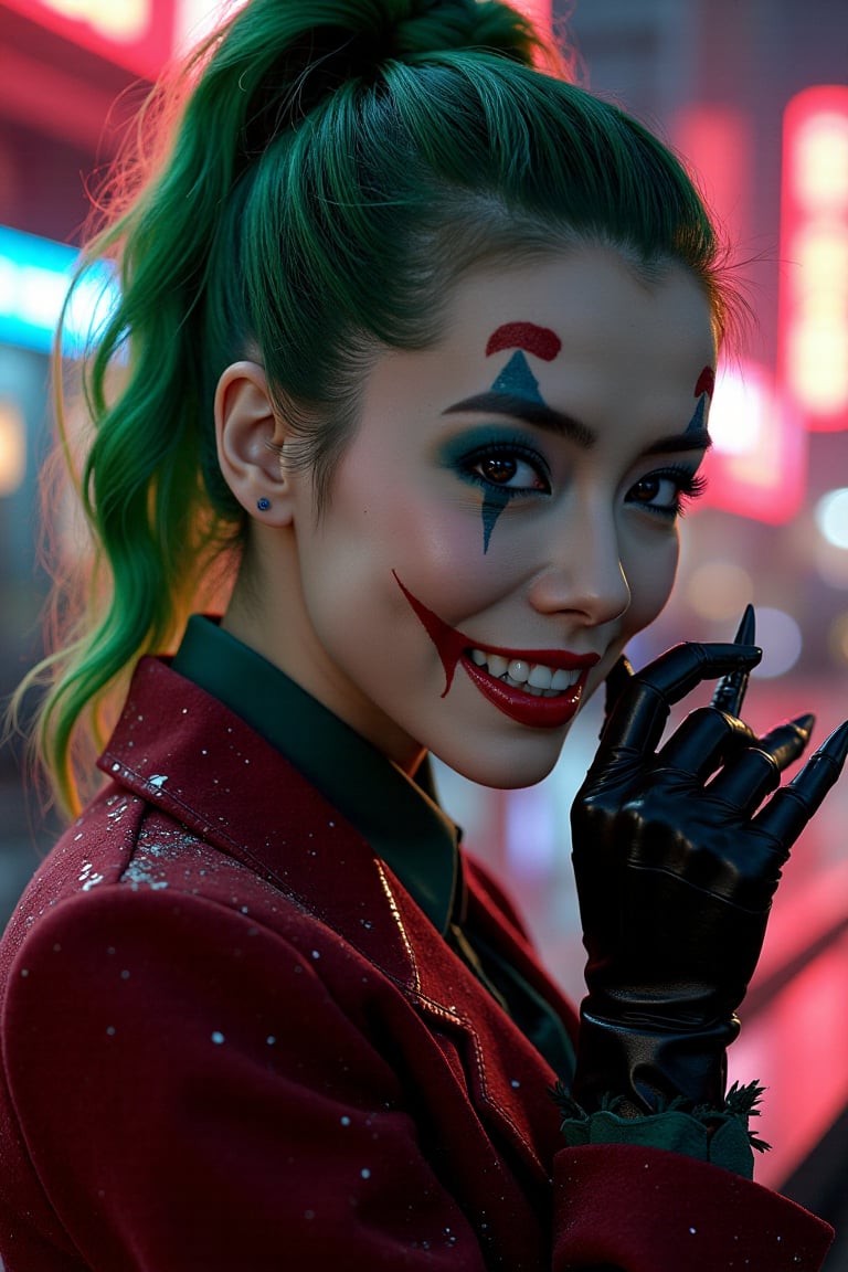 Art of a joker Joker's twisted grin wearing her ((makeup face:1.3)),  ((her suit)), ((black skrit)), black glove sharp claw, ((red smoke)), her ((green ponnytail bun hairstyle:1.5)), sexy pose, dark night, ((neon light city)), cyberpunk realistic city background 