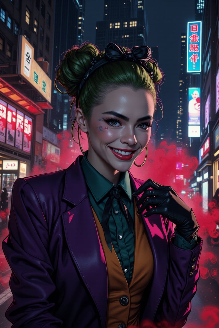 Art of a joker Joker's twisted grin wearing her ((makeup face:1.4)), purple ((her suit)), black glove, ((red smoke)), her ((green ponnytail bun hairstyle:1.3)), sexy pose, dark night, ((neon light city)), cyberpunk realistic city background 