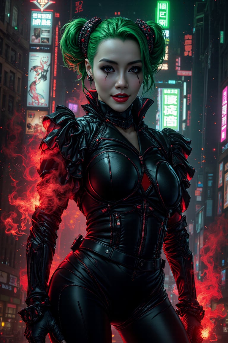 Art of a joker Joker's twisted grin wearing her ((makeup face:1.4)), ((her suit)), ((black skrit)), black sharp claw with glove, ((red smoke)), her ((green ponnytail bun hairstyle:1.3)), sexy pose, dark night, ((neon light city)), cyberpunk realistic city background 