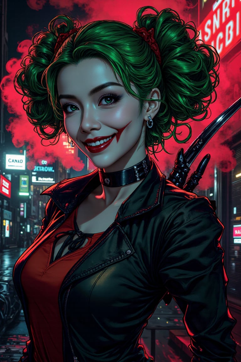 Art of a joker Joker's twisted grin wearing her ((makeup face:1.4)), ((her suit)), ((black skrit)), black sharp claw with glove, ((red smoke)), her ((green ponnytail bun hairstyle:1.3)), sexy pose, dark night, ((neon light city)), cyberpunk realistic city background 