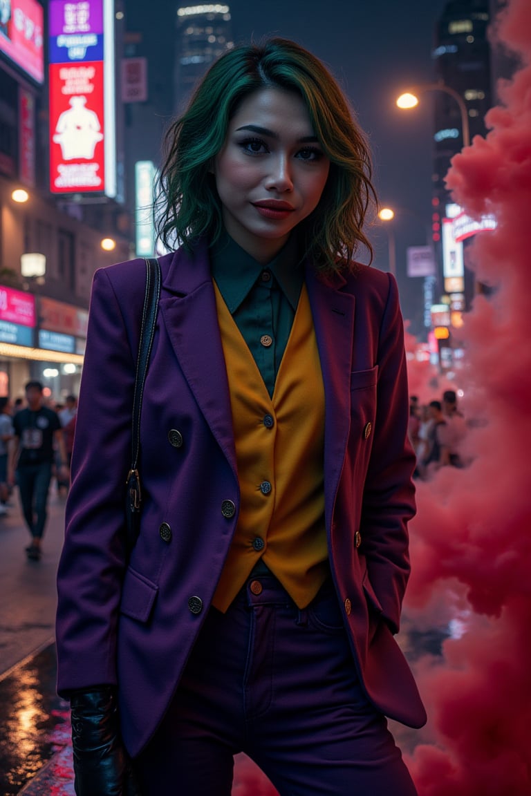 Art of a joker Joker's twisted grin wearing her makeup face, joker face make up, purple her suit, black glove, red smoke, her green messy bang hairstyle, serious pose, dark night, neon light city, cyberpunk realistic city of KUALA LUMPUR MALAYSIA background 