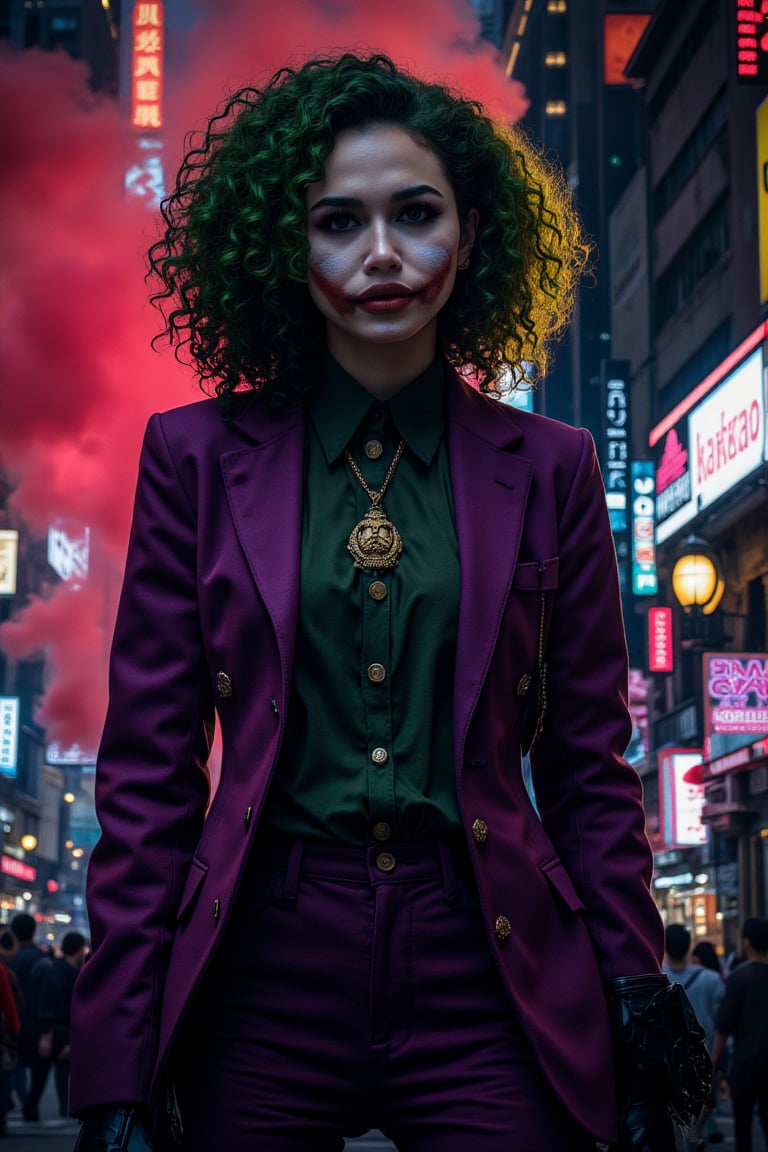 Art of a joker Joker's twisted grin wearing her makeup face, joker face make up, purple her suit, black glove, red smoke, her green messy afro hairstyle, serious pose, dark night, neon light city, cyberpunk realistic city of "KUALA LUMPUR" MALAYSIA background 