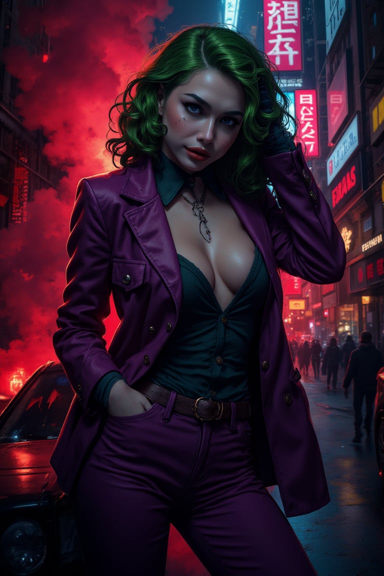 Art of a joker Joker's twisted grin wearing her ((makeup face:1.4)), purple ((her suit)), black glove, ((red smoke)), her ((green bang hairstyle:1.3)), sexy pose, dark night, ((neon light city)), cyberpunk realistic city background 