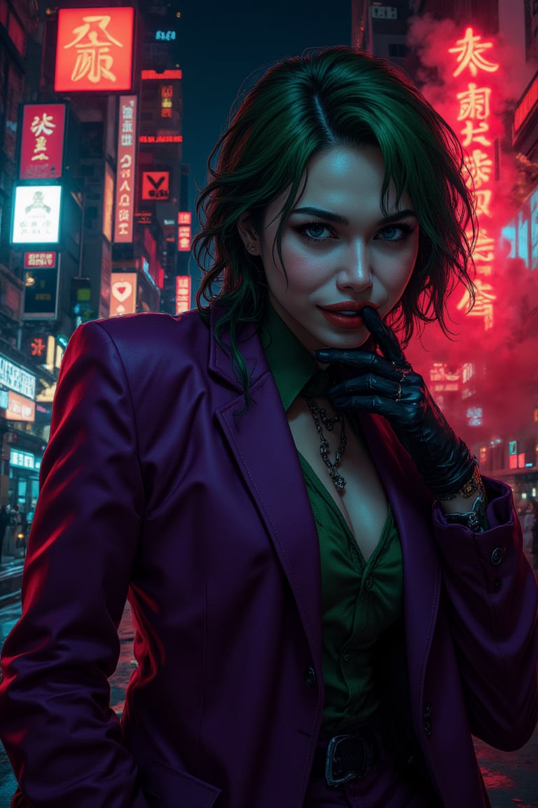 Art of a joker Joker's twisted grin wearing her ((makeup face:1.4)), purple ((her suit)), black glove, ((red smoke)), her ((green bang hairstyle:1.3)), sexy pose, dark night, ((neon light city)), cyberpunk realistic city background 