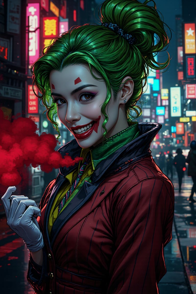 Art of a joker Joker's twisted grin wearing her ((makeup face:1.4)), ((her suit)), white glove, ((red smoke)), her ((green ponnytail bun hairstyle:1.3)), sexy pose, dark night, ((neon light city)), cyberpunk realistic city background 