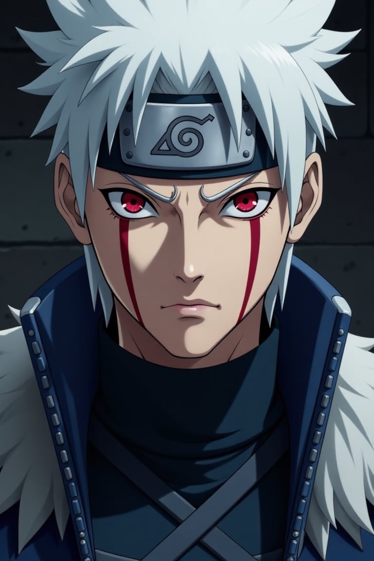 A close-up portrait of Tobirama Senju, with short, spiked white hair and intense red eyes. His face features vertical red marks under his eyes extending to his cheeks, and a horizontal red line across his chin. He wears a blue armor with white fur collar, a traditional shinobi outfit in dark tones, and a forehead protector with the Konoha symbol. The lighting is dramatic, casting strong shadows that emphasize his facial features and armor details. The composition is centered, focusing on his imposing presence and warrior demeanor.