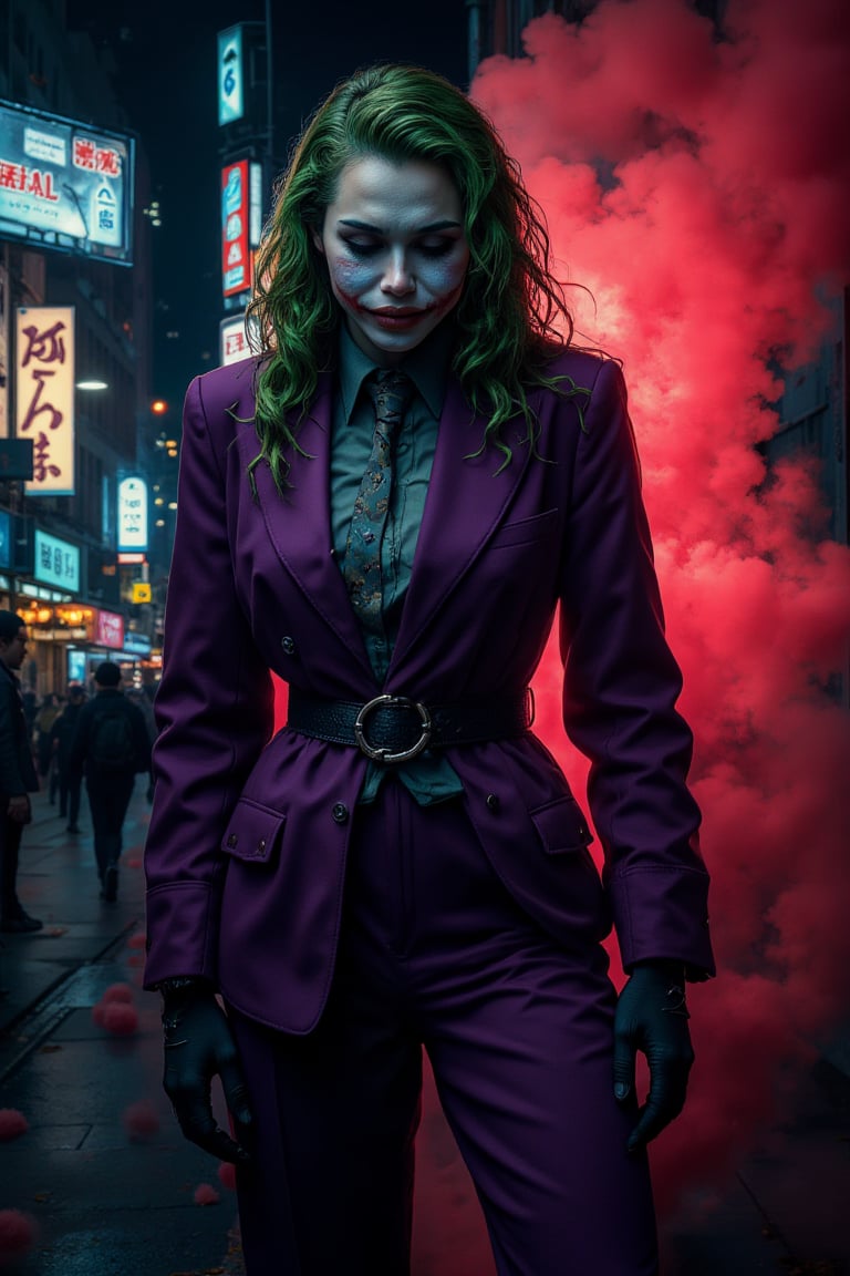 Art of a joker Joker's twisted grin wearing her makeup face, joker face makeup, purple her suit, black glove, red smoke, her green messy long hairstyle, serious badas pose, dark night, neon light city, cyberpunk realistic city background 